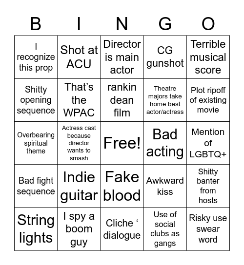 Film fest drinking Bango Bingo Card