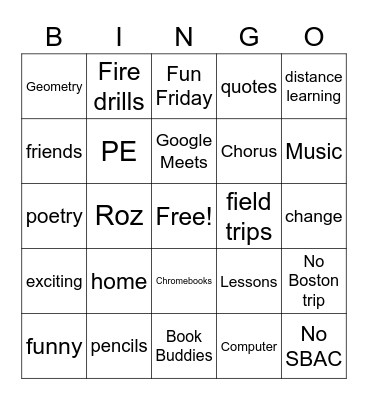 4th Grade Bingo Card