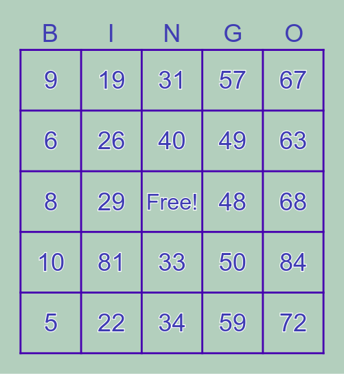 Number Bingo 1-85 Bingo Card