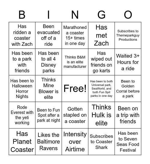 Themeparkguy Productions Bingo Card