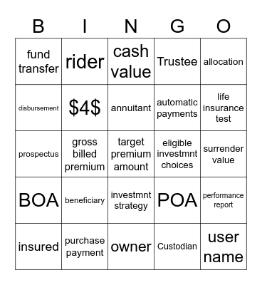 Life and Annuity Terms Bingo Card