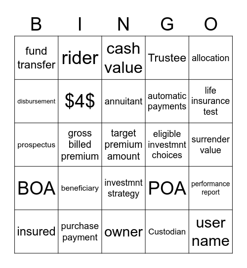 Life and Annuity Terms Bingo Card