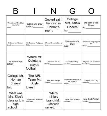 Shadow Day Teacher Bingo Card