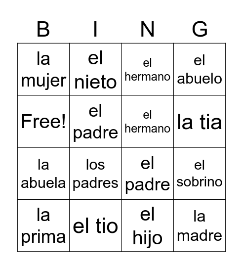 Familia Bingo Card