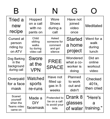 MLW Work From Home Bingo Card