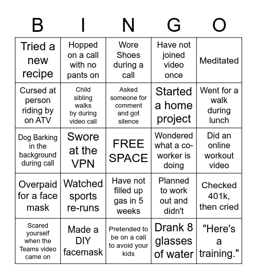 MLW Work From Home Bingo Card