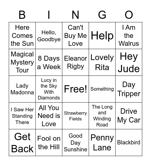 Beatles Songs Bingo Card