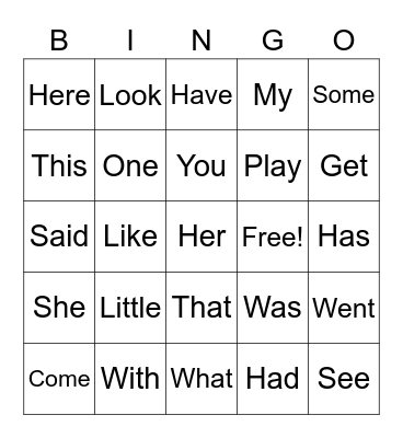 Sight Words Bingo Card