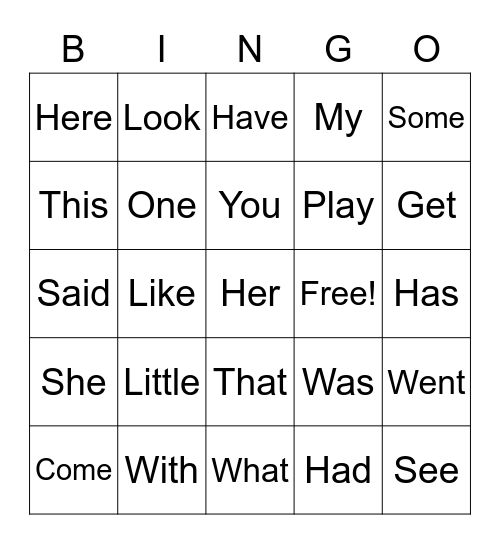 Sight Words Bingo Card