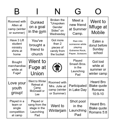 Lift Student Ministry Bingo Card
