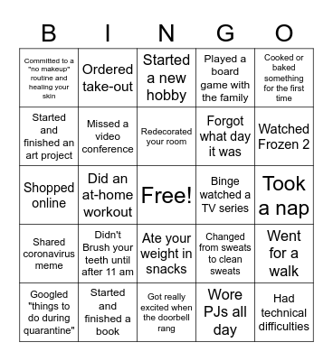 Quarantine Bingo Card