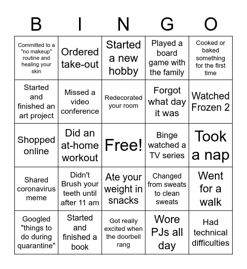 Quarantine Bingo Card
