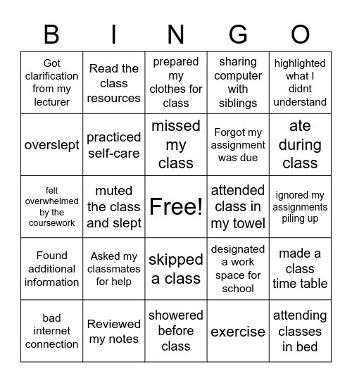 Week in Review Bingo Card