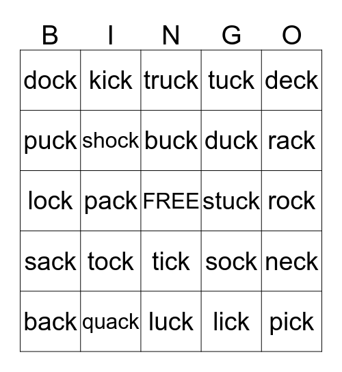 Short Vowels / -CK Bingo Card