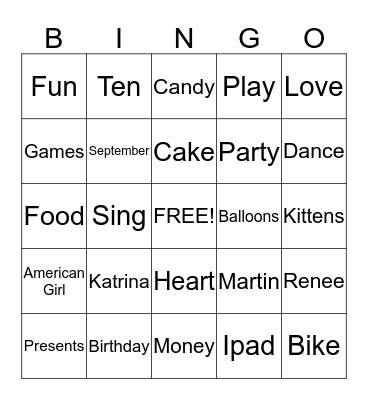 Katrina's Birthday Bingo Card