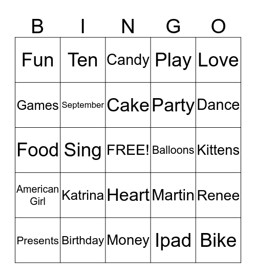 Katrina's Birthday Bingo Card