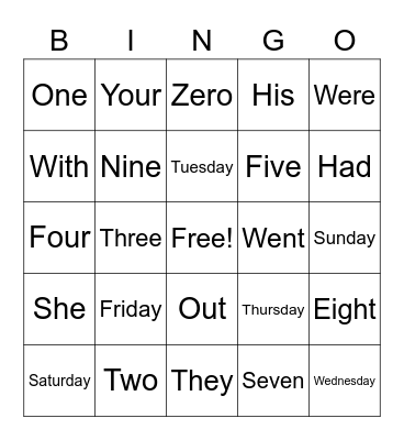 Sight Words Bingo Card