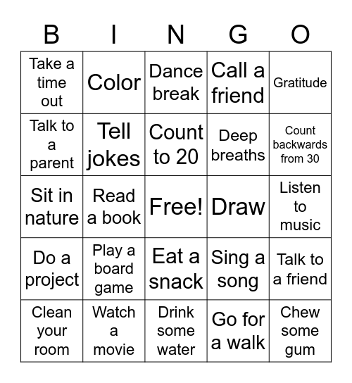 Kids/teens Coping Skills Bingo Card