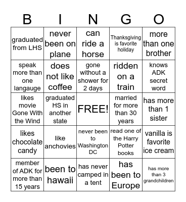 Sister's Bingo Card