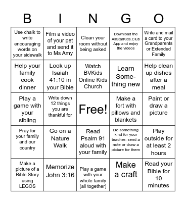 Bear Valley Kids Bingo Card