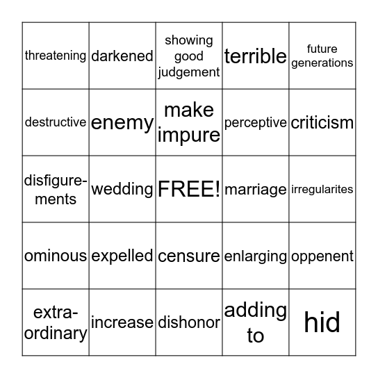 Romeo and Juliet Act 1 Vocabulary Bingo Card