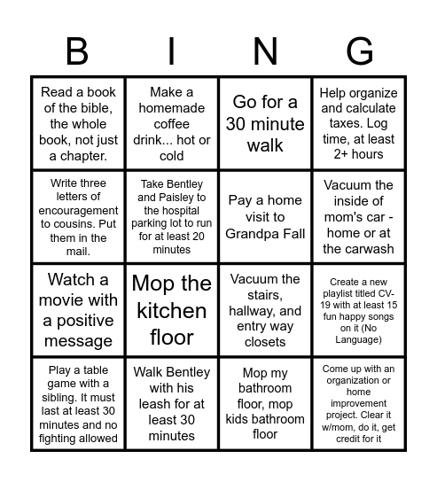 Whitehead Family CV-19 Bingo Card