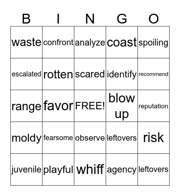 Vocabulary Bingo Card