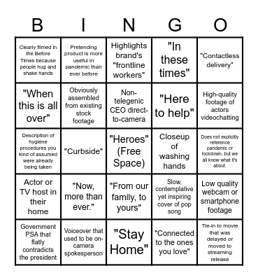 Pandemic Commercial Break BINGO Card