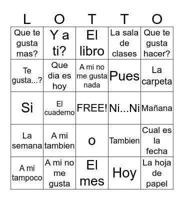 Realidades 1 Cap.1A #2  Bingo Card