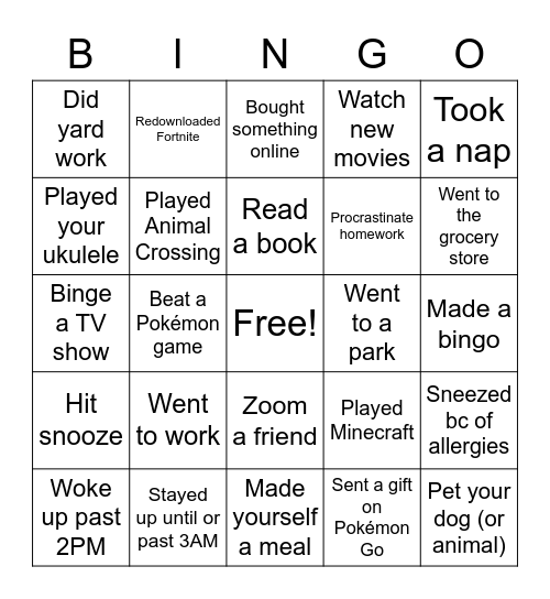 Josh’s Quarantine Bingo Card
