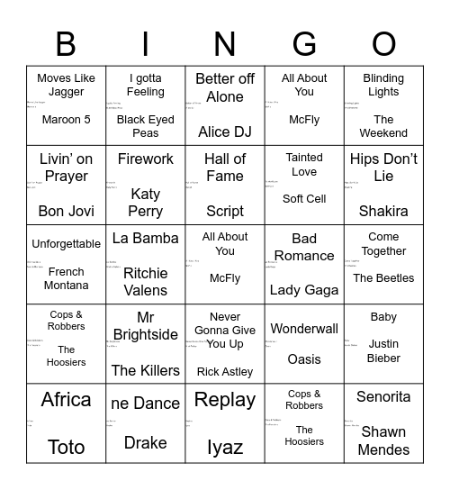Rock and Roll Bingo Card