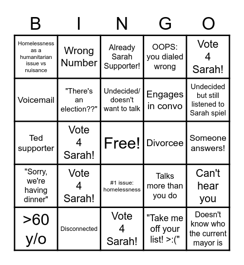 Sarah2020 Phone Bank Bingo! Bingo Card