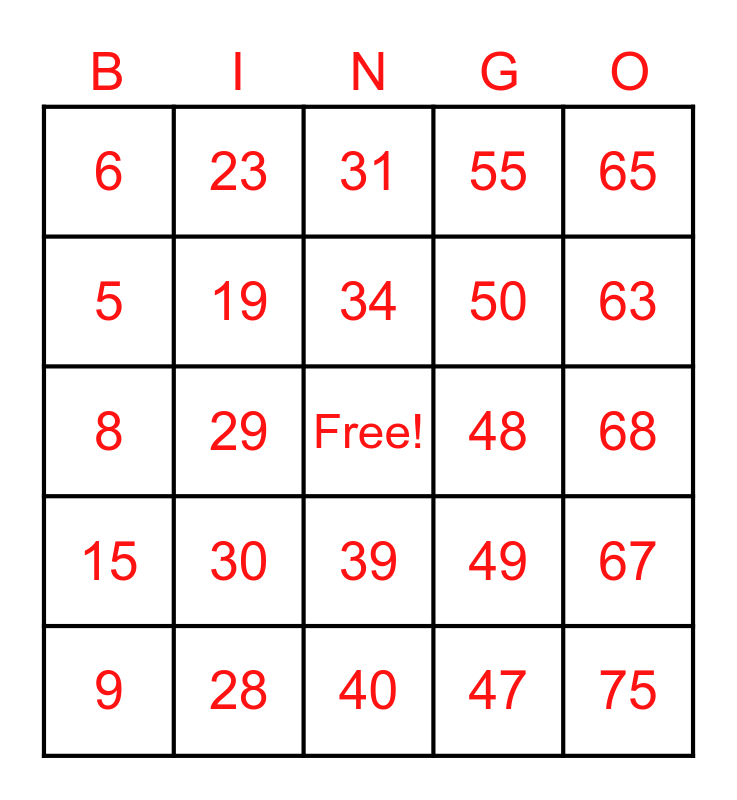 Number Bingo 1-72 Bingo Card
