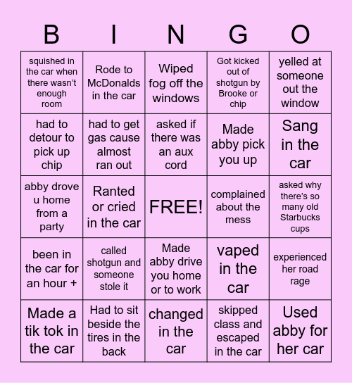 Abby’s Car BINGO! Bingo Card