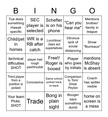 NFL Draft Bingo Card