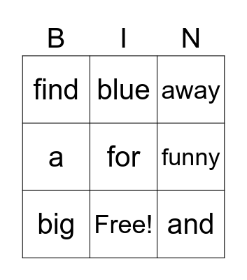 Sight Words Bingo Card