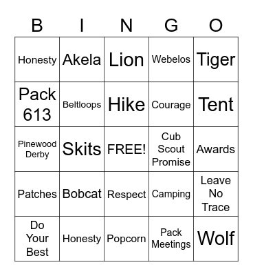 Cub Scout BINGO Card