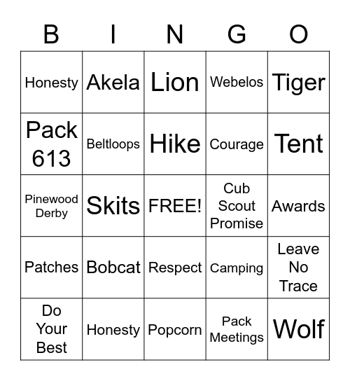 Cub Scout BINGO Card