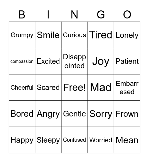 Emotions/Feelings Bingo Card