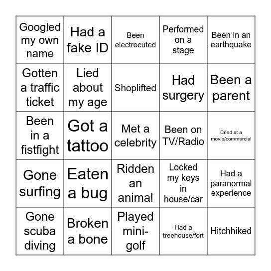 Never Have I Ever... (check ones you've done) Bingo Card