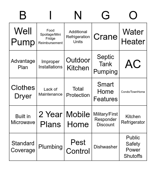 HomeGuard HomeWarranty Bingo Card