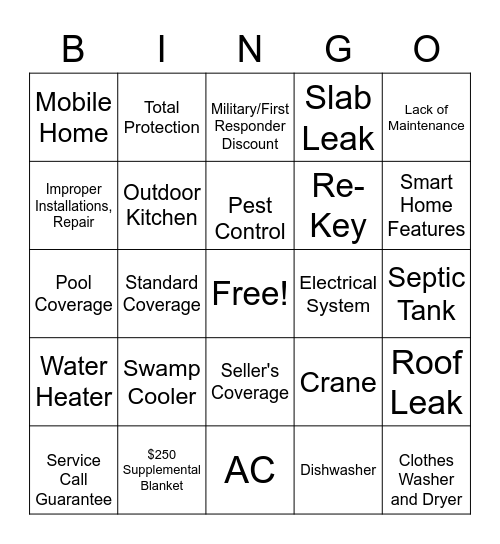 HomeGuard Home Warranty Bingo Card