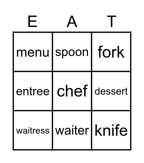 Restaurant Bingo Card