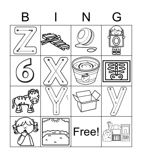 X, Y, Z   BINGO Card