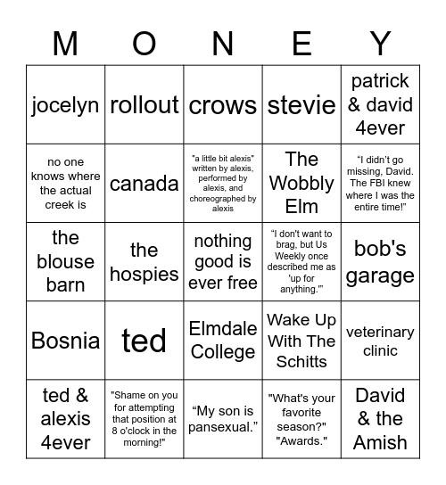 Schitt's Creek Bingo Card