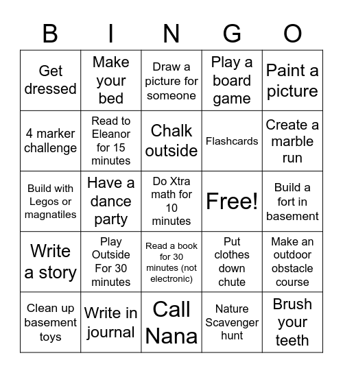 activity bingo Card
