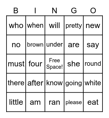 Sight Word Bingo Card