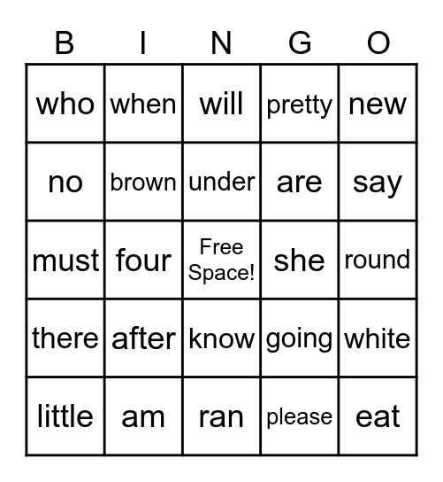 Sight Word Bingo Card