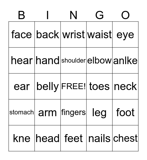 body parts Bingo Card