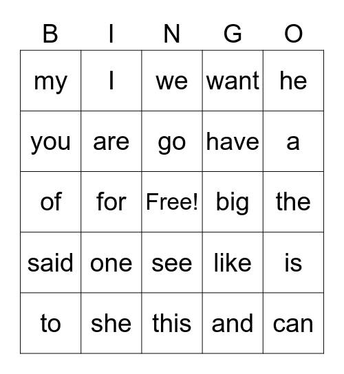 Sight Word Bingo Card